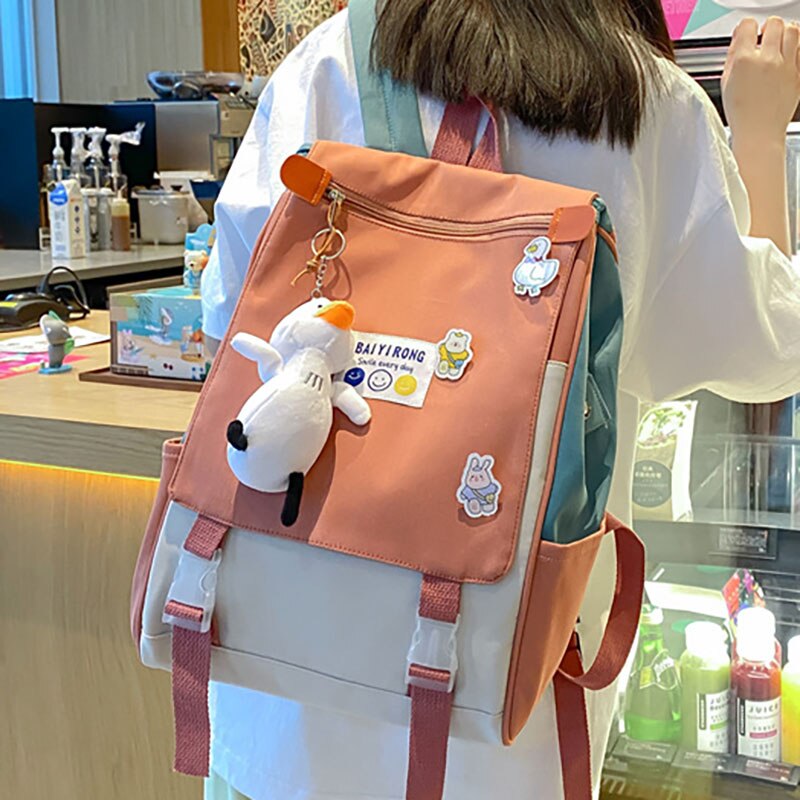 Back to school Flip Small Label Color Matching College Student Women's Backpack Pendant Girl Student Schoolbag Small Simple Design Book Bag