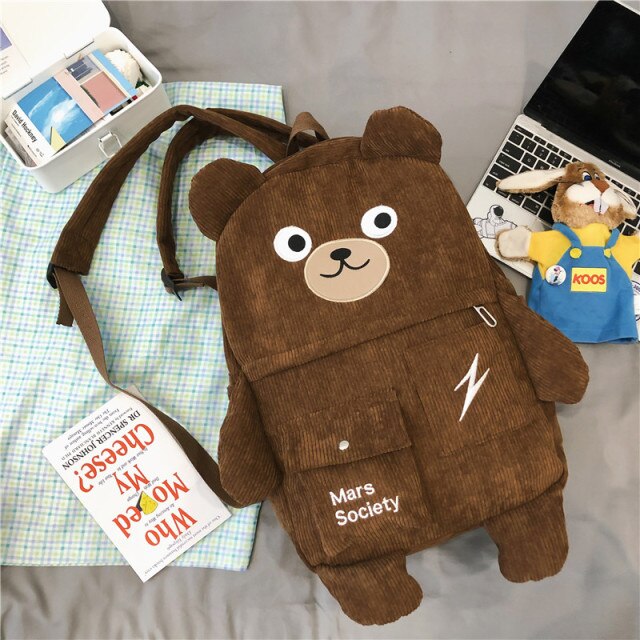 New Creative Cartoon Backpack Women Cute Bear Casual Backpacks Large Corduroy Embroidery Schoolbag For Teenage Student