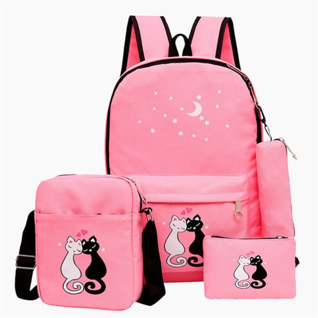 Back to school 4 Set School Bags Child School Backpacks For Teenager Girls 2021 New Cute Cat Cartoon Backpack Kids Bag Canvas Schoolbag