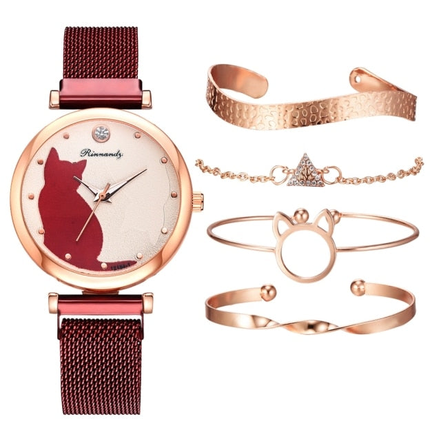 Fashion Watch Set Women 5pcs Quartz Wristwatch Mesh Bracelet Cat Dial Luxury Woman Watch Casual Ladies Clock Relogio Femenino