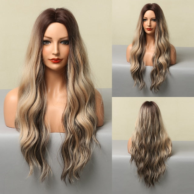 Xpoko Long back to school Wavy Synthetic Wigs Brown Golden Water Wave Natural Hair for Women Daily Cosplay Party Heat Resistant Wig Hairs