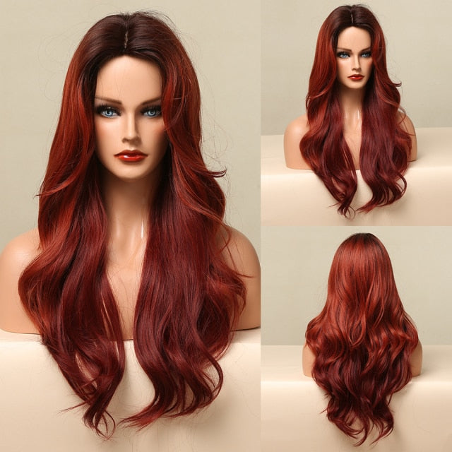 Xpoko Long back to school Wavy Synthetic Wigs Brown Golden Water Wave Natural Hair for Women Daily Cosplay Party Heat Resistant Wig Hairs