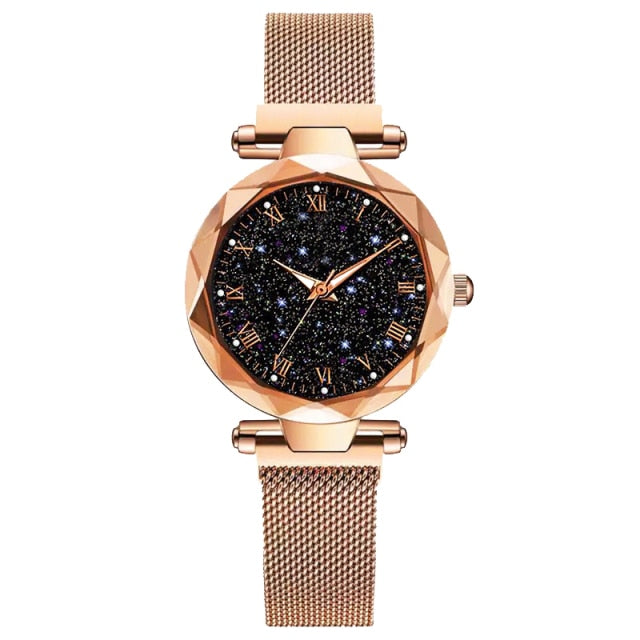 Women&#39;s Luxury Starry Sky Wristwatches Magnetic Magnet Buckle Quartz Clock Geometric Surface Female Luminous Bracelet Watches