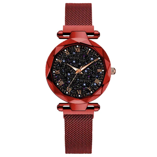 Women&#39;s Luxury Starry Sky Wristwatches Magnetic Magnet Buckle Quartz Clock Geometric Surface Female Luminous Bracelet Watches