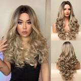 Blonde Golden Long Wave Synthetic Wigs Ombre Brown Curly Natural Hairs Heat Resistant Wigs for Daily Cosplay Party