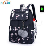 Back to school OKKID pink flower school backpack for girls women travel laptop backpack usb charging backpacks for children student schoolbag