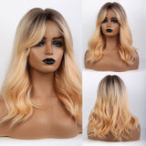 Xpoko Long Wave Ombre Dark Black Brown Blonde Synthetic Wigs for Women Party Daily Use Cosplay Wig Natural Curly Hair