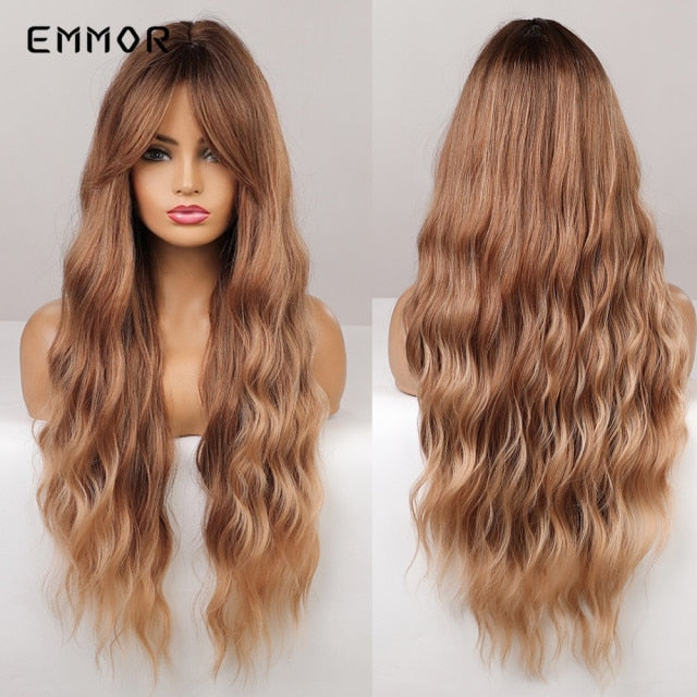 Xpoko Long Body Wave Hair Wig Ombre Brown Blonde Synthetic Water Wavy Wigs With Bangs for Women Natural Heat Resistant Wig