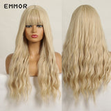 Xpoko Long Body Wave Hair Wig Ombre Brown Blonde Synthetic Water Wavy Wigs With Bangs for Women Natural Heat Resistant Wig