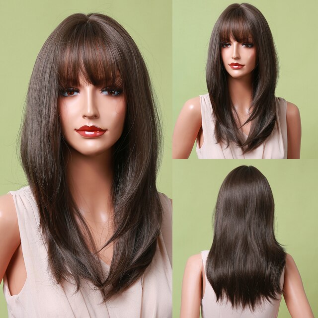 Long Straight Synthetic Wig Layered Ombre Dark Brown Black Hair Wigs with Bangs for Women Heat Resistant Cocplay Wig