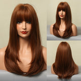 Synthetic Wig for Black Women Natural Medium Dark Brown Straight Wig With Bangs Cosplay Party Heat Resistant Hair