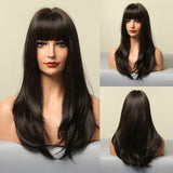 Synthetic Wig for Black Women Natural Medium Dark Brown Straight Wig With Bangs Cosplay Party Heat Resistant Hair