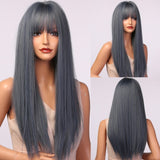 Synthetic Wig for Black Women Natural Medium Dark Brown Straight Wig With Bangs Cosplay Party Heat Resistant Hair