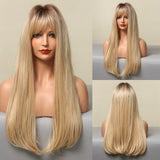 Synthetic Wig for Black Women Natural Medium Dark Brown Straight Wig With Bangs Cosplay Party Heat Resistant Hair