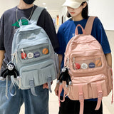 New Solid Color Double Pocket Buckle Backpack Women Waterproof Student Bag Teenage Girl Boy Schoolbag College Backpack