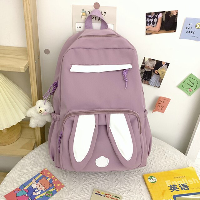 New Cute College School Women Backpack Waterproof Bag for Teenage Girl Rabbit Ears Cute Student Schoolbag Solid Color Backpacks