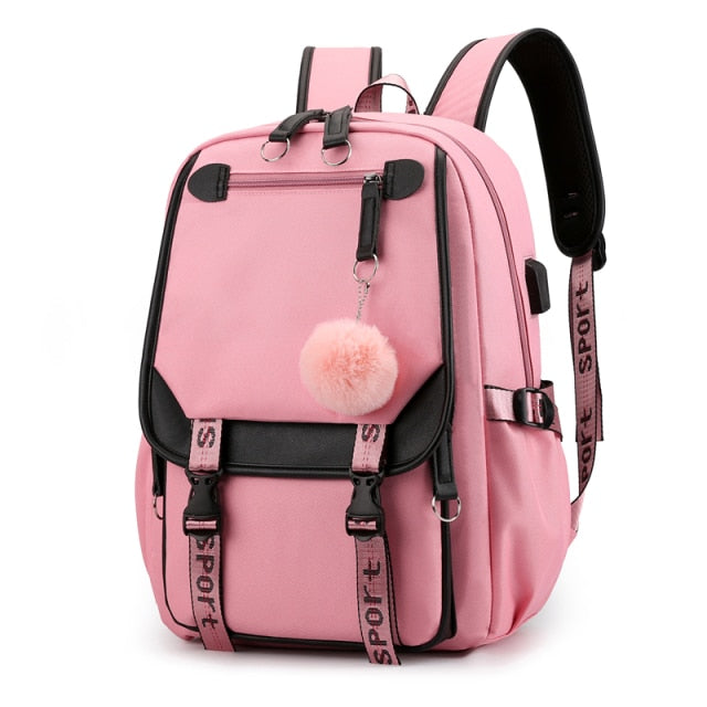 bags for school teenage girls Backpack Women Cool Patchwork Large Capacity USB Charging bookbags Youth Black Pink