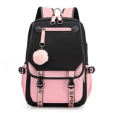 bags for school teenage girls Backpack Women Cool Patchwork Large Capacity USB Charging bookbags Youth Black Pink