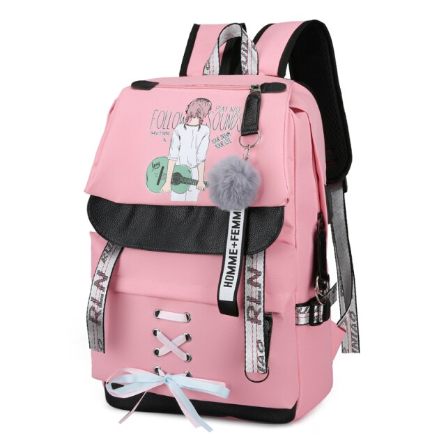 Pink USB Backpacks Women Backpack for Teenage Girls School Bag Large Canvas Middle High College Student Bagpack 2021 New