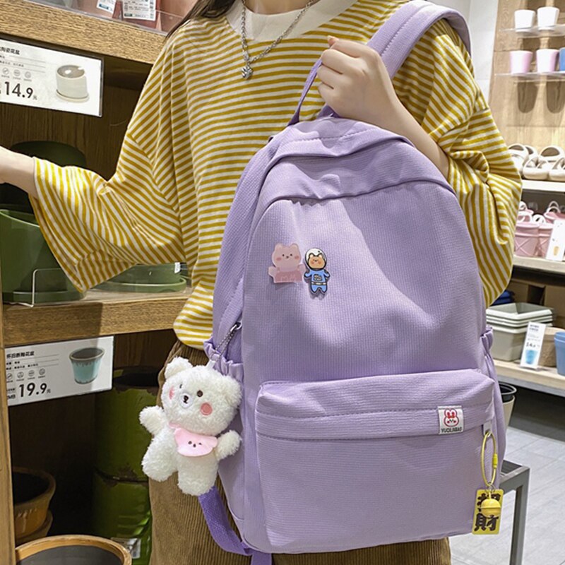 Classic Solid Color Large Nylon Girls Backpack Bag School College Student Kawaii Pendant Women Bag Badge Mochila Bolsa Mujer