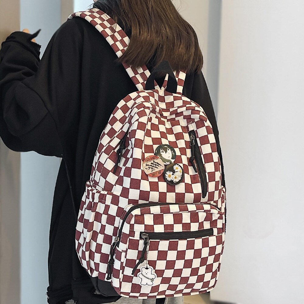 Fashion New Girl Cute Plaid Canvas Travel Backpack Women Badge Laptop College Bag Lattice Lady Kawaii Backpack Female School Bag