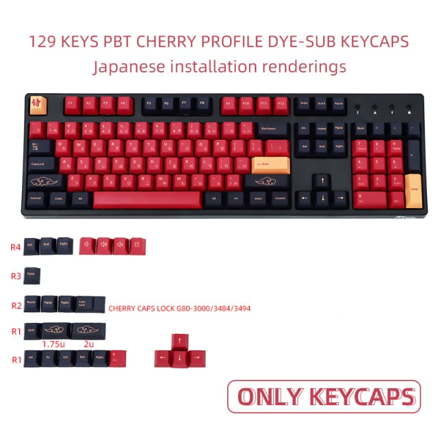 129 keys set Red Samurai  PBT keycap Dye Sub Japanese Keycaps for  For GMK Cherry MX Switch Mechanical Keyboard