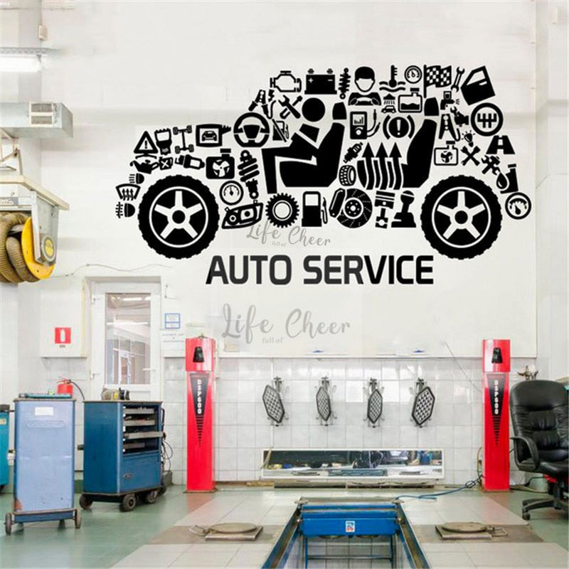Auto Service Logo Wall Art Decal Car Repair Service Window Poster Auto Car Design Garage Vinyl Wall Sticker Murals Art AC044