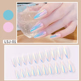 24pcs/Box Blue Reflective Mirror False Nails Wearable Round Head Fake Nails Full Cover Nail Tips Wearable Round Head False Nails